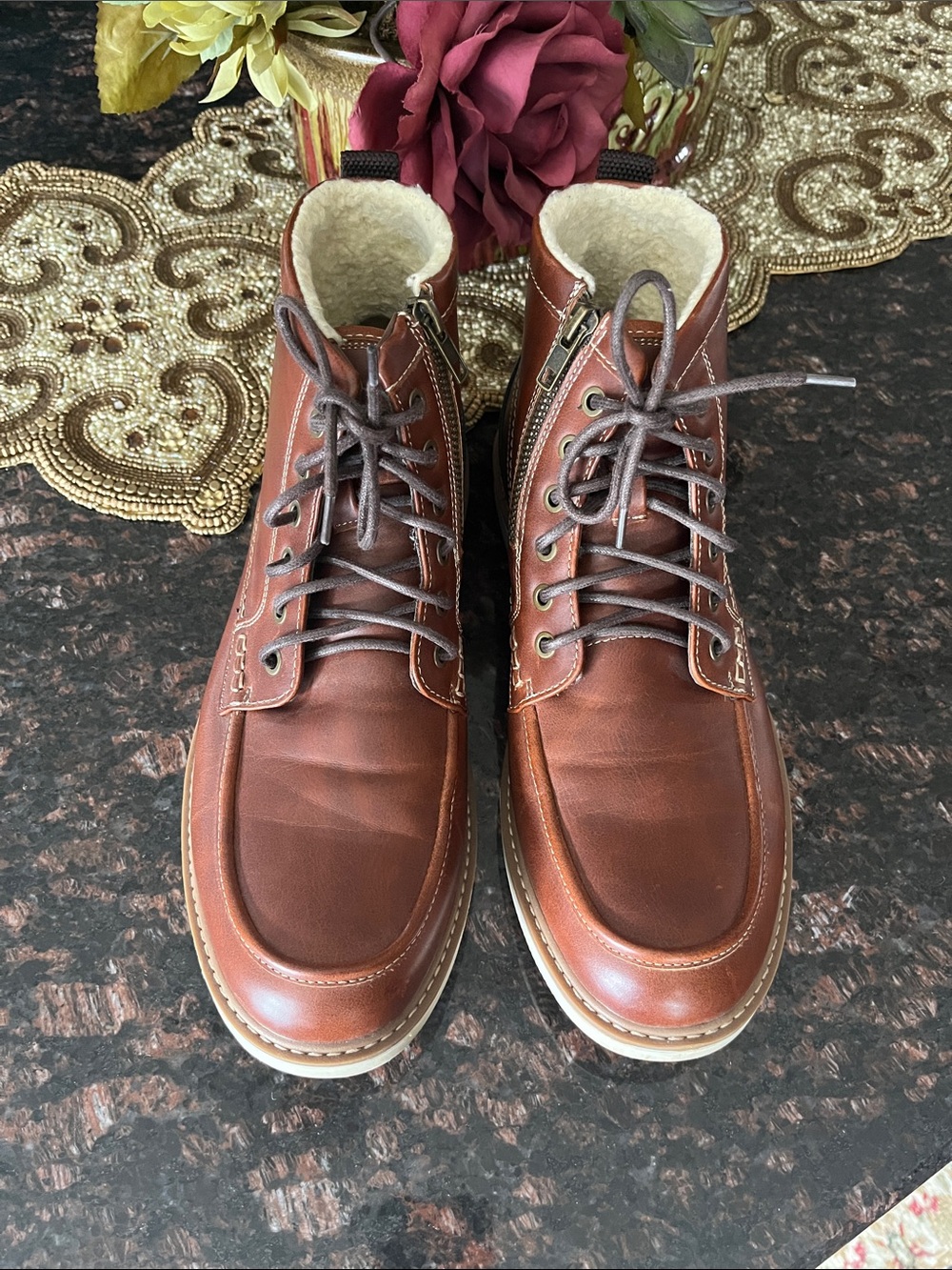 Call It Spring Men's Chestnut Brown Lace-Up Shearling-Lined Boots SZ 10